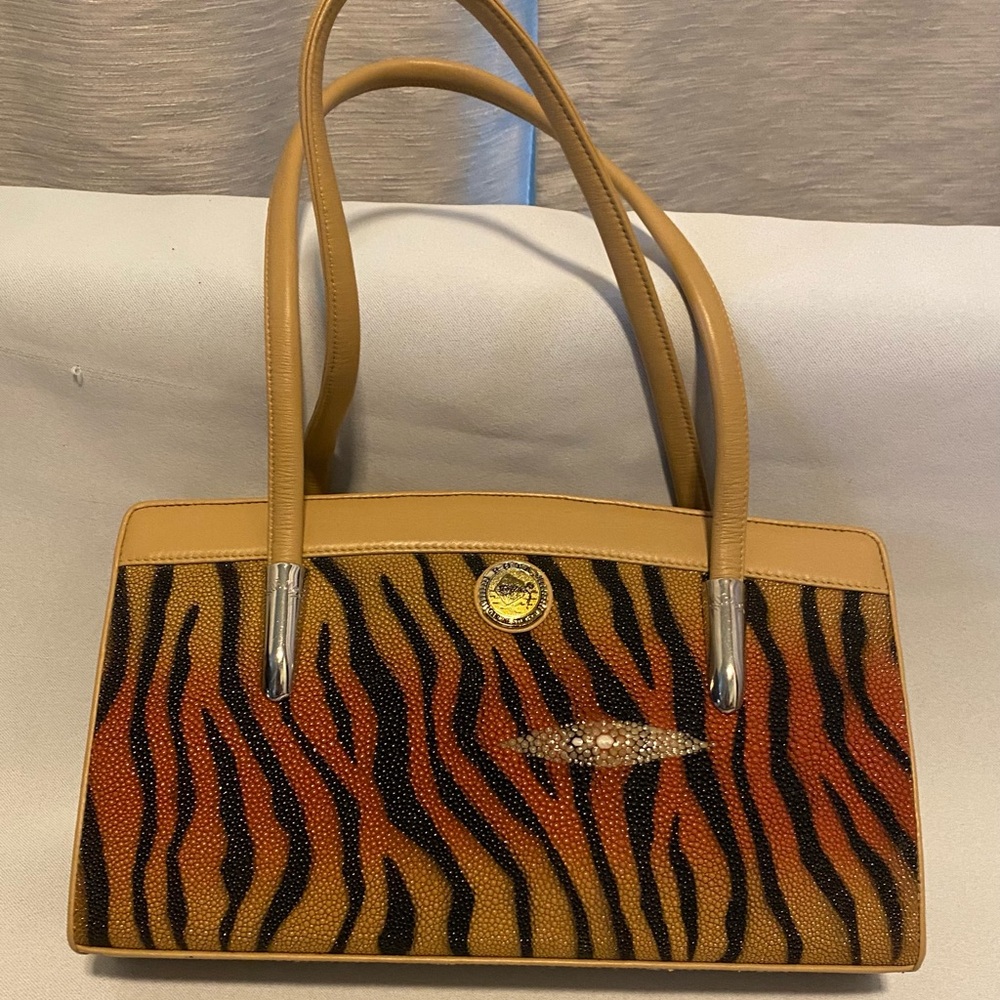 Rota genuine, stingray, Elegant Tan and Black Animal Print Handbag  11x6x2